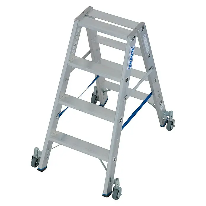 Krause Stabilo Doppelleiter Fahrbar - Anzahl Tritte: 8 Stk., Arbeitshöhe: 2,5 m, Aluminium - Bild einer rollbaren Krause Stufenleiter aus Aluminium mit vier Stufen.