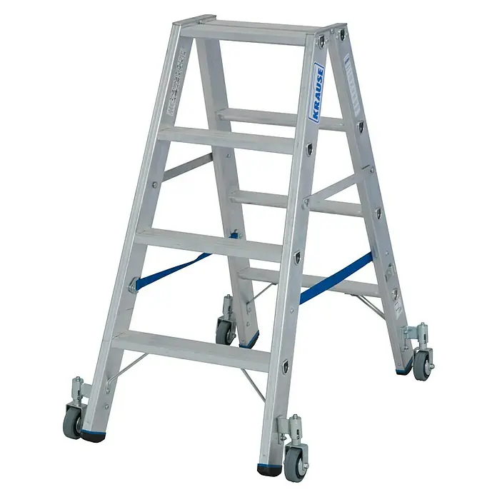 Krause Stabilo Doppelleiter Fahrbar - Anzahl Tritte: 8 Stk., Arbeitshöhe: 2,5 m, Aluminium - Krause Rollgerüst mit vier Stufen und blauen Sicherheitsgurten. Das Gerüst ist mit Rollen ausgestattet und leicht zu bewegen.