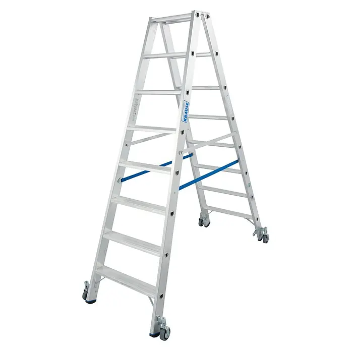 Krause Stabilo Doppelleiter Fahrbar - Anzahl Tritte: 16 Stk., Arbeitshöhe: 3,4 m, Aluminium - Eine silberne Krause-Leiter mit Rädern für den einfachen Transport, ideal für Arbeiten in verschiedenen Höhen.