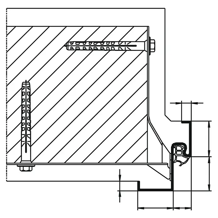 Hörmann Eckzarge - 87,5 x 200 cm - Technische Zeichnung eines Türrahmens mit Dichtungsprofil und Befestigungsdetails, inklusive Dübeln und Schrauben.