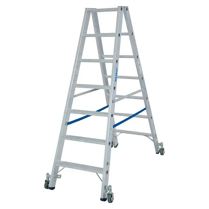Krause Stabilo Doppelleiter Fahrbar - Anzahl Tritte: 14 Stk., Arbeitshöhe: 3,2 m, Aluminium - Eine robuste, rollbare Stufenleiter von Krause, ideal für Arbeiten in großer Höhe mit erhöhter Stabilität und Mobilität.
