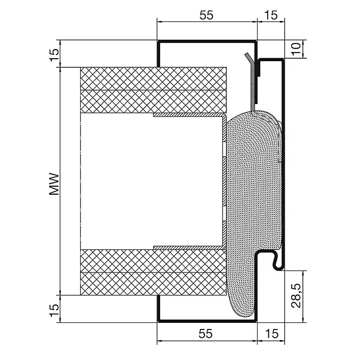 Hörmann Stahlzarge VarioFix - 87,5 x 200 cm, Wandstärke: 150 mm, DIN Anschlag: Links/Rechts, Lichtgrau - Detailzeichnung eines Bauprofils mit Maßangaben für Architekten und Bauingenieure.