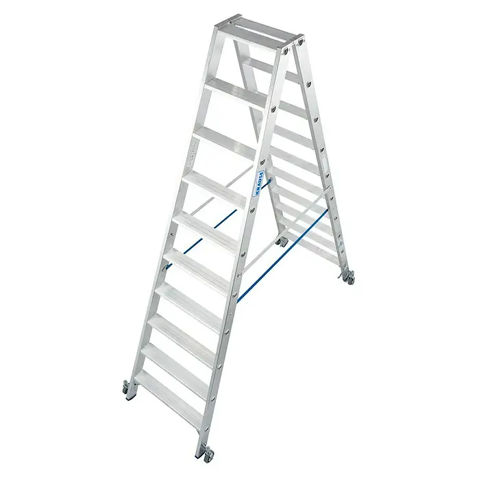 Krause Stabilo Doppelleiter Fahrbar - Anzahl Tritte: 20 Stk., Arbeitshöhe: 3,9 m, Aluminium - Bild einer Aluminium-Arbeitsplattformleiter von Krause, ideal für sicheres Arbeiten in der Höhe. Robuste Konstruktion mit breiten Stufen und Rollen für Mobilität.