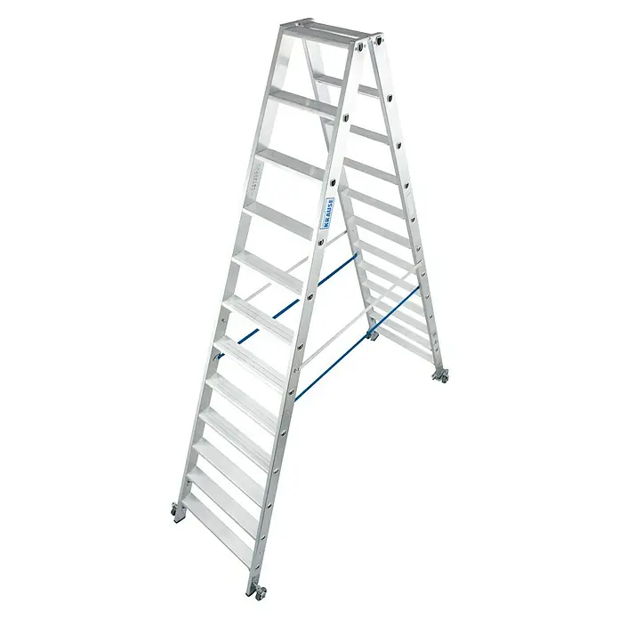 Krause Stabilo Doppelleiter Fahrbar - Anzahl Tritte: 24 Stk., Arbeitshöhe: 4,35 m, Aluminium - Das Bild zeigt eine vielseitige, silberfarbene Krause-Leiter in A-Form mit breiten Stufen, ideal für Profis und Heimwerker.