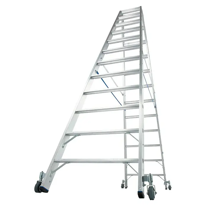 Krause Stabilo Doppelleiter Fahrbar - Anzahl Tritte: 24 Stk., Arbeitshöhe: 4,35 m, Aluminium - Ein detailreiches Bild einer rollbaren Aluminiumleiter mit mehreren Sprossen, ideal für den professionellen Einsatz in verschiedenen Höhen.