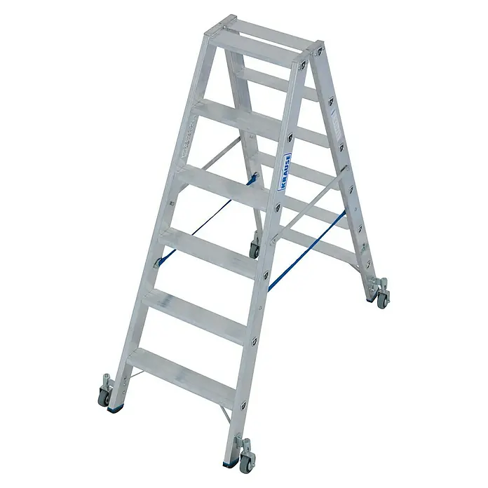 Krause Stabilo Doppelleiter Fahrbar - Anzahl Tritte: 12 Stk., Arbeitshöhe: 2,95 m, Aluminium - Bild einer rollbaren KRAUSE Leiter mit fünf Stufen für den professionellen Einsatz. Ideal für Arbeiten in verschiedenen Höhen.