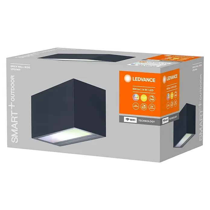 Ledvance Smart+ WiFi LED-Außenwandleuchte Brickwide - Farbe Gehäuse: Dunkelgrau, IP44 - Produktverpackung der LEDVANCE Smart+ Outdoor Brick Wall Wide Updown Leuchte mit Produktbild und technischen Details aufgedruckt.