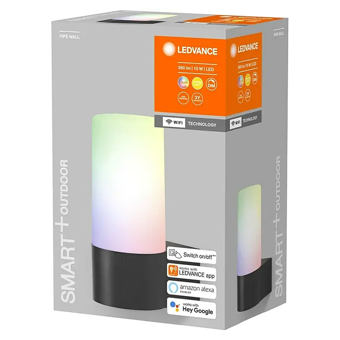 Ledvance Smart+ WiFi LED-Außenwandleuchte PIPE - Farbe Gehäuse: Dunkelgrau, IP44, 10 W, 12,9 x 8,9 x 19,7 cm - Nahaufnahme der Verpackung einer LEDVANCE Smart+ Outdoor Pipe Wall Leuchte, die smarte Funktionen und einfache Montage bewirbt.
