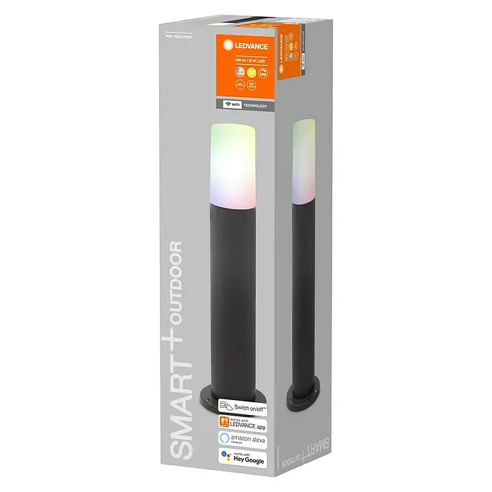 Ledvance Smart+ WiFi LED-Außenwandleuchte PIPE - Farbe Gehäuse: Dunkelgrau, IP44, 10 W, 13,5 x 13,5 x 50 cm - Verpackung der LEDVANCE SMART+ Outdoor Pipe 50cm Post Leuchte, steuerbar per App und kompatibel mit Alexa und Google Assistant.