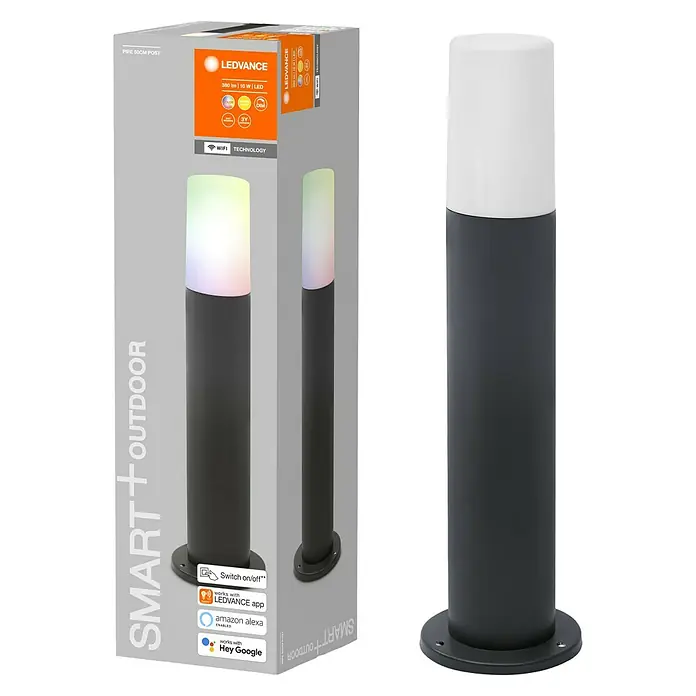 Ledvance Smart+ WiFi LED-Außenwandleuchte PIPE - Farbe Gehäuse: Dunkelgrau, IP44, 10 W, 13,5 x 13,5 x 50 cm - Eine LEDVANCE SMART+ Outdoor Pollerleuchte mit einem grauen Gehäuse und einem weißen Lampenschirm, dargestellt mit der Produktverpackung.