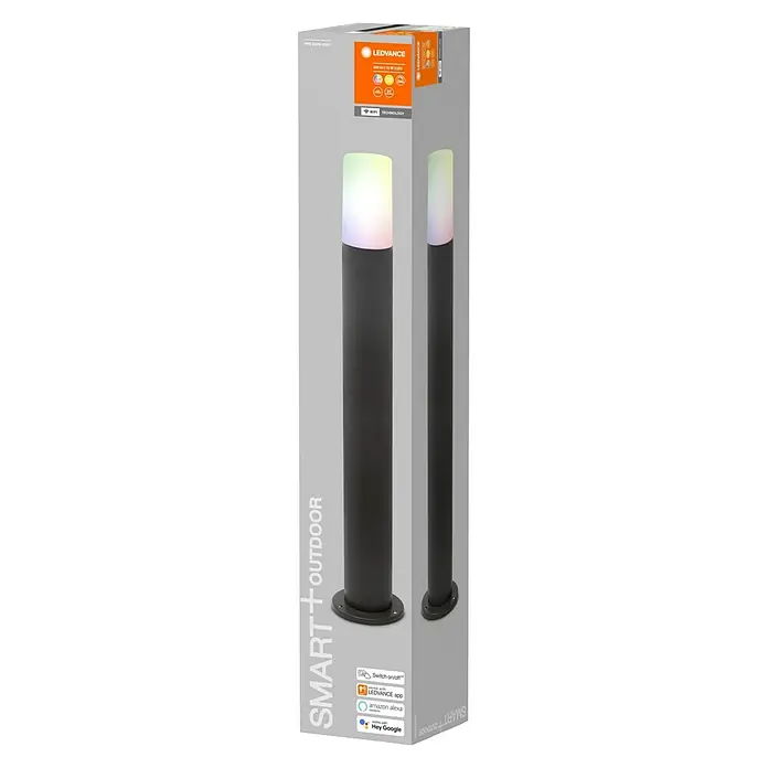 Ledvance Smart+ WiFi LED-Außenwandleuchte PIPE - Farbe Gehäuse: Dunkelgrau, IP44, 10 W, 8,9 x 8,9 x 80 cm - Produktverpackung einer LEDVANCE SMART+ Outdoor-Leuchte, die modernes Design mit intelligenter Technologie verbindet.
