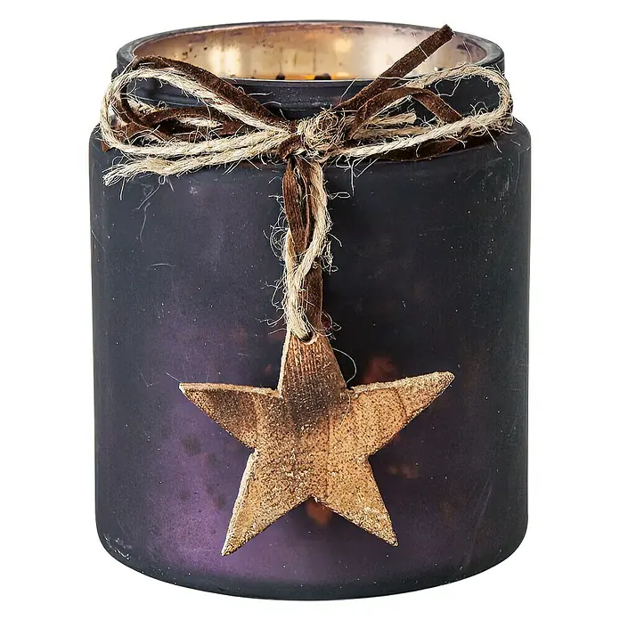 Windlicht Fenjol - Ø x H: 9 x 11 cm, Schwarz - Dekoratives Windlichtglas mit Sternanhänger und Schleife. Ein stimmungsvolles Accessoire für gemütliche Stunden im Haus.