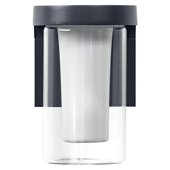 Ledvance Smart+ WiFi LED-Außenwandleuchte CASCADEFarbe Gehäuse: Dunkelgrau, IP44, 16 x 12 x 18 cm - Nahaufnahme eines eleganten, modernen Behälters mit klaren Linien und einem minimalistischen Design in Grau und Weiß.
