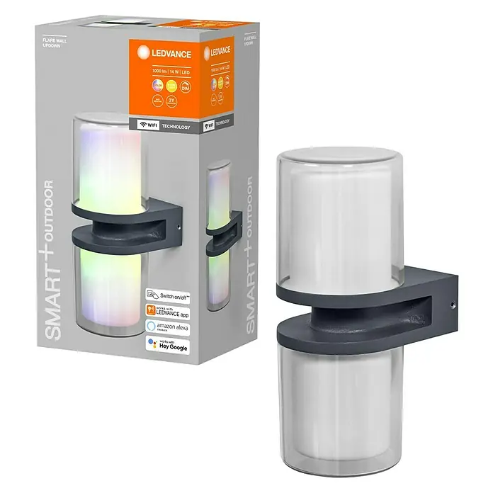Ledvance Smart+ WiFi LED-Außenwandleuchte UPD Flare - Farbe Gehäuse: Dunkelgrau, IP44, 13,2 x 10 x 24,6 cm - Produktbild der LEDVANCE Smart+ Outdoor Flare Wandleuchte Updown, ideal für stimmungsvolle Außenbeleuchtung.