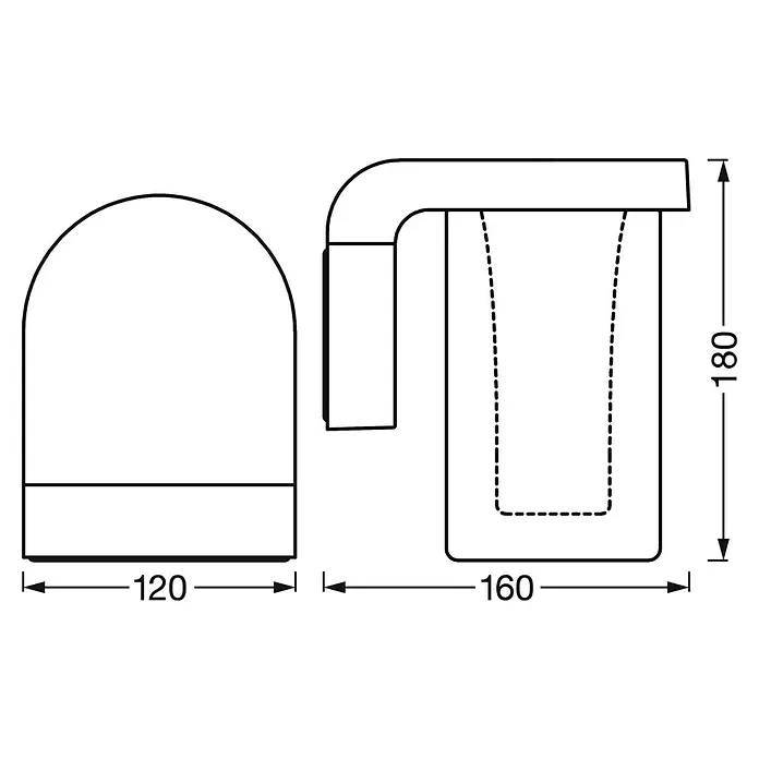 Ledvance Smart+ WiFi LED-Außenwandleuchte CASCADE - Farbe Gehäuse: Dunkelgrau, IP44, 16 x 12 x 18 cm - Technische Zeichnung eines Toilettensitzes mit den Maßen 120 x 160 mm und einer Höhe von 180 mm. Präzise Details für Installation.