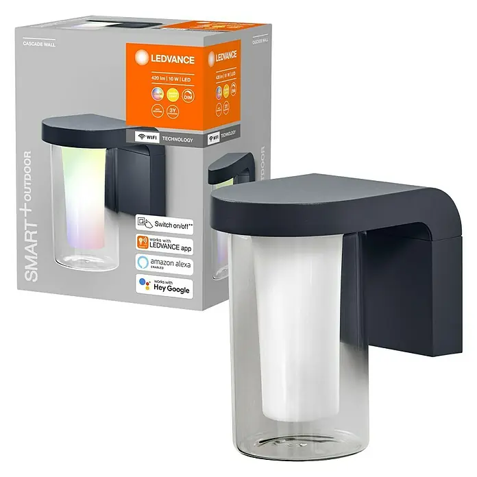 Ledvance Smart+ WiFi LED-Außenwandleuchte CASCADE - Farbe Gehäuse: Dunkelgrau, IP44, 16 x 12 x 18 cm - Nahaufnahme einer LEDVANCE Cascade Wall Außenleuchte, die intelligente Beleuchtung mit modernem Design vereint.