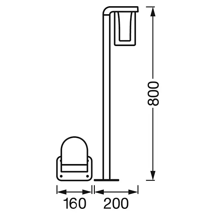 Ledvance Smart+ WiFi LED-Außenwandleuchte CASCADE - Farbe Gehäuse: Dunkelgrau, IP44, 20 x 16 x 80 cm - Technische Zeichnung einer Pollerleuchte mit den Maßen 800 mm Höhe, 160 mm Breite und 200 mm Tiefe.