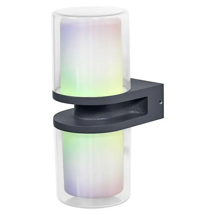 Ledvance Smart+ WiFi LED-Außenwandleuchte UPD Flare - Farbe Gehäuse: Dunkelgrau, IP44, 13,2 x 10 x 24,6 cm - Wandleuchte mit zylindrischem Lampenschirm. Das Gehäuse ist dunkelgrau und hat ein modernes Design. Die Lampe strahlt ein sanftes, farbiges Licht aus.