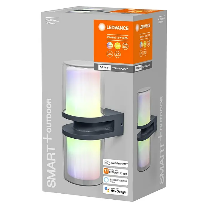 Ledvance Smart+ WiFi LED-Außenwandleuchte UPD Flare - Farbe Gehäuse: Dunkelgrau, IP44, 13,2 x 10 x 24,6 cm - Produktverpackung der LEDVANCE Smart+ Outdoor Flare Wandleuchte Updown mit Farbfunktion und Dimmbarkeit.