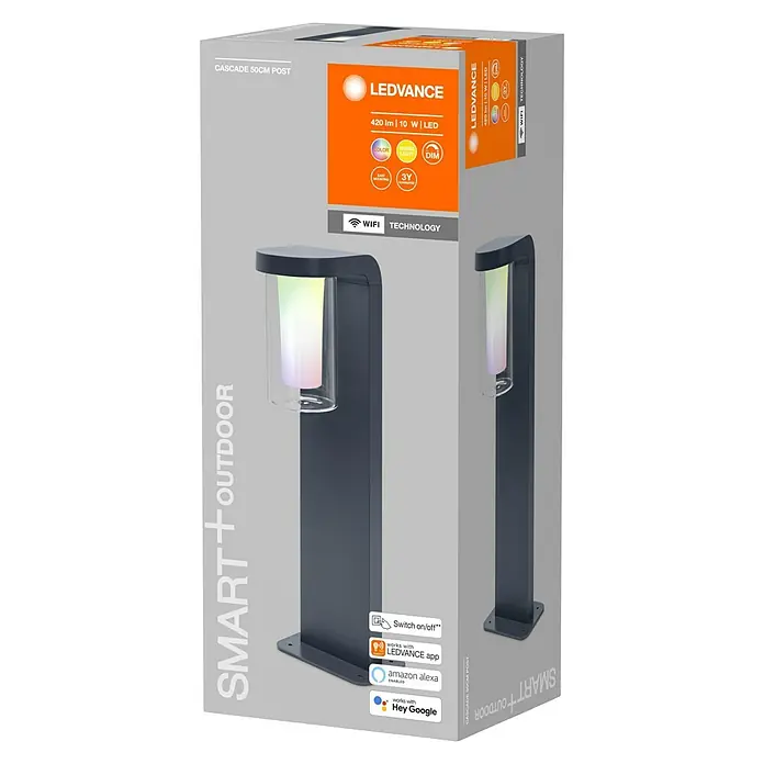 Ledvance Smart+ WiFi LED-Außenwandleuchte CASCADE - Farbe Gehäuse: Dunkelgrau, IP44, 20 x 16 x 50 cm - Bild einer LEDVANCE Cascade 50cm Smart+ Outdoor Pollerleuchte in Originalverpackung. Die Lampe ist mit WiFi steuerbar und dimmbar.