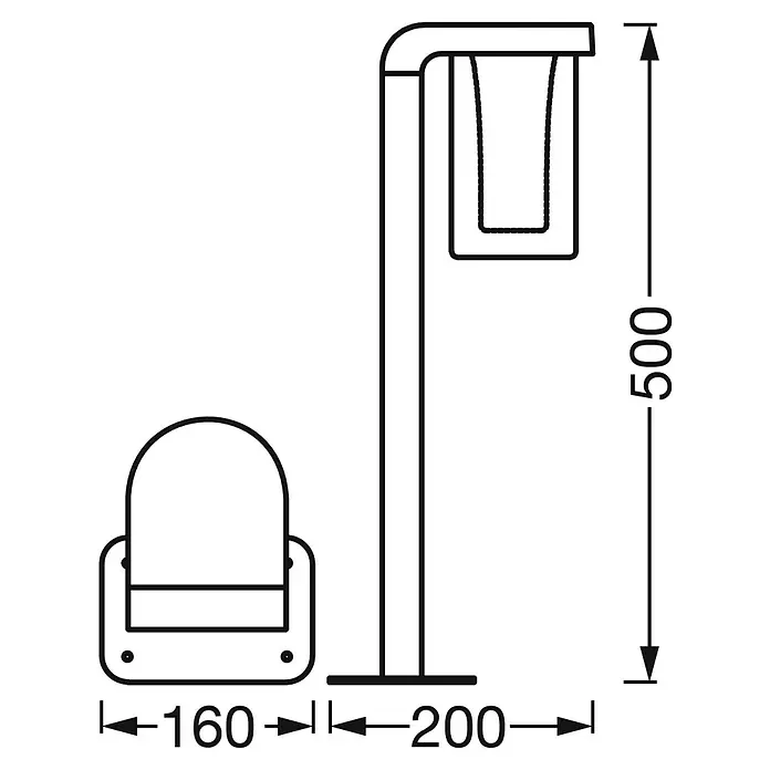 Ledvance Smart+ WiFi LED-Außenwandleuchte CASCADE - Farbe Gehäuse: Dunkelgrau, IP44, 20 x 16 x 50 cm - Abbildung eines freistehenden Handtuchhalters mit den Maßen 500 mm Höhe und einer Basis von 200 mm Breite neben einem Wandstuhl mit 160 mm Breite.