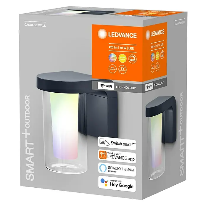 Ledvance Smart+ WiFi LED-Außenwandleuchte CASCADE - Farbe Gehäuse: Dunkelgrau, IP44, 16 x 12 x 18 cm - Verpackung der LEDVANCE Cascade Wall Smart+ Outdoor-Leuchte mit smarten Funktionen und Farblichtoptionen.