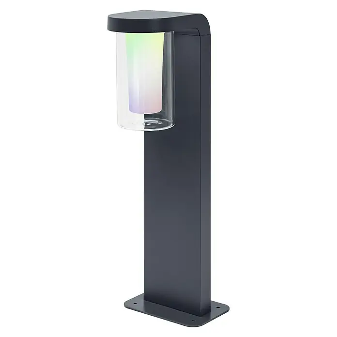 Ledvance Smart+ WiFi LED-Außenwandleuchte CASCADE - Farbe Gehäuse: Dunkelgrau, IP44, 20 x 16 x 50 cm - Nahaufnahme einer modernen LED-Wegeleuchte mit einem klaren, zylindrischen Lampenschirm und einem anthrazitfarbenen Sockel.