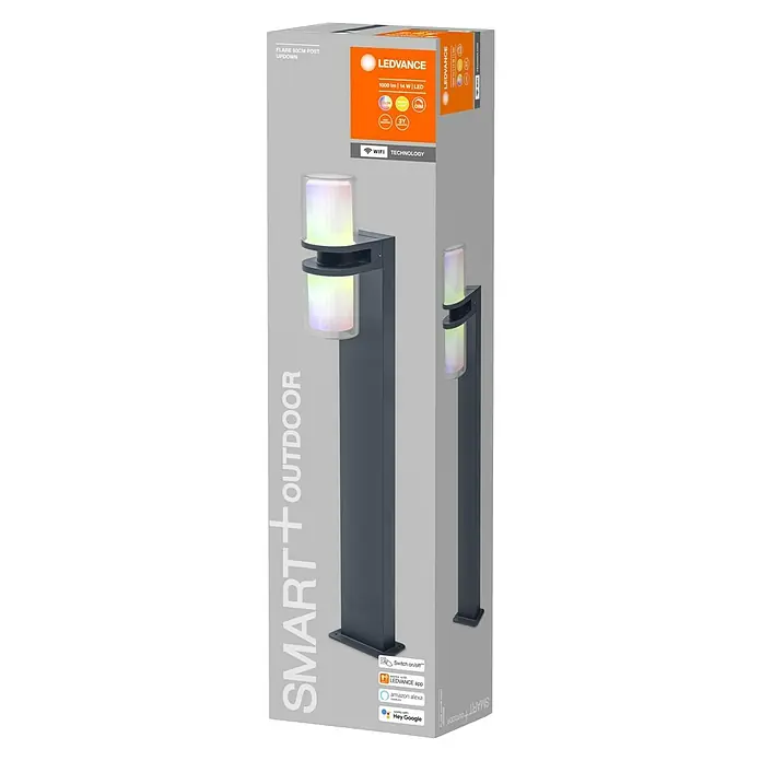 Ledvance Smart+ WiFi LED-Außenwandleuchte UPD Flare - Farbe Gehäuse: Dunkelgrau, IP44, 19,4 x 14,4 x 80 cm - Das LEDVANCE SMART+ Outdoor Flare 80cm Post Updown Beleuchtungssystem für den Außenbereich in seiner Verpackung.