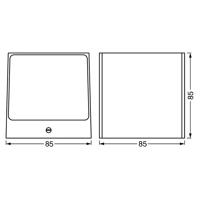 Ledvance Smart+ WiFi LED-Außenwandleuchte BRICK - Farbe Gehäuse: Silber, IP44 - Produktansicht mit Maßen: Eine quadratische Wandleuchte mit den Maßen 85 x 85 mm, dargestellt in Front- und Seitenansicht.
