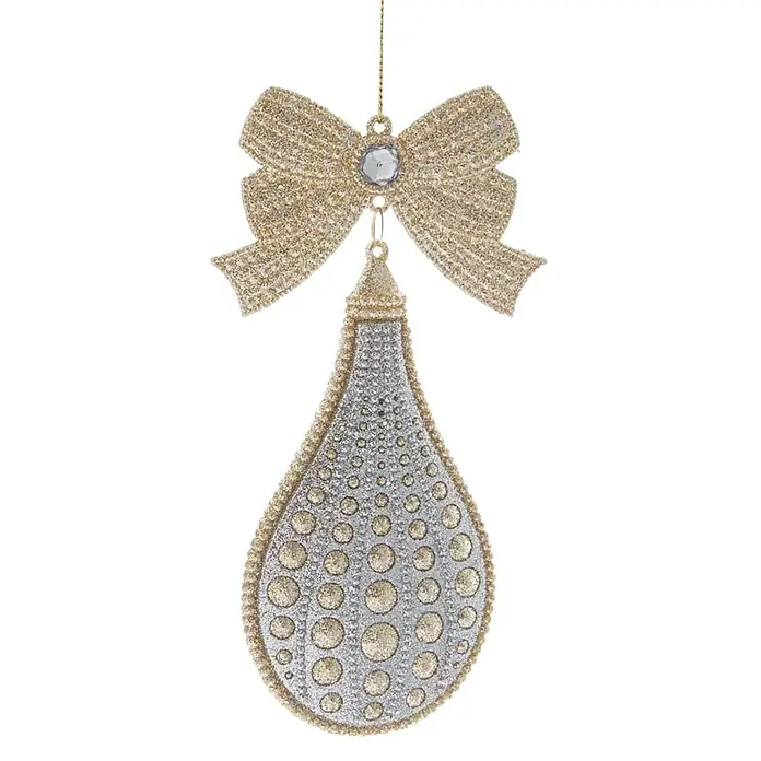 Kurt S. Adler Christbaumschmuck Schleife - Silber, Gold, Kunststoff, L x B x H: 17,27 x 7,87 x 1,78 cm - Festlicher Christbaumschmuck: Glitzernder Tropfen mit Schleife, ideal für eine elegante Weihnachtsdekoration.