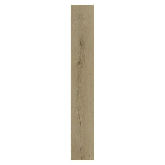 b!design Vinylboden SPC - Eiche Polaris, Landhausdiele, 1.220 x 182 x 3,5 mm - Detailaufnahme einer hellen Holzbodenfliese mit natürlicher Maserung und Astloch, ideal für ein warmes und einladendes Ambiente.