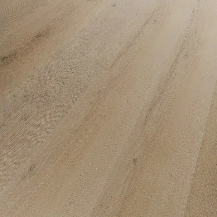 b!design Vinylboden SPC - Eiche Polaris, Landhausdiele, 1.220 x 182 x 3,5 mm - Nahaufnahme von hellem Laminatboden mit Holzmaserung, ideal für modernes Wohnambiente.