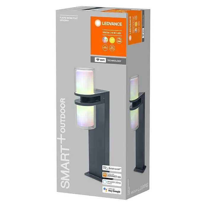 Ledvance Smart+ WiFi LED-Außenwandleuchte UPD Flare14 W, Farbe Gehäuse: Dunkelgrau, IP44, 19,4 x 14,4 x 50 cm - Ein LEDVANCE Smart+ Outdoor Flare 50cm Pfosten mit Auf- und Abwärtsbeleuchtung, der 1000 lm liefert und über WLAN gesteuert werden kann.