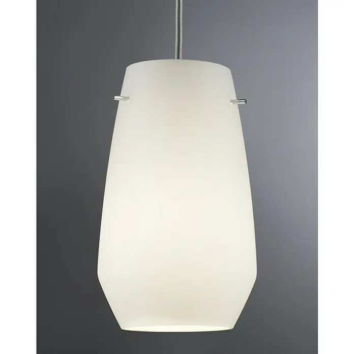 Paulmann URail 2Easy Lampenschirm Vento - Durchmesser: 17 cm, Opal, Glas, Rund - Nahaufnahme einer modernen weißen Pendelleuchte mit silberfarbenen Akzenten und einem schlanken, kegelförmigen Design vor grauem Hintergrund.