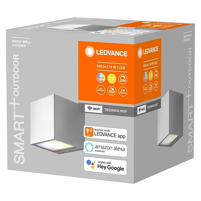 Ledvance Smart+ WiFi LED-Außenwandleuchte BRICK - Farbe Gehäuse: Silber, IP44 - Nahaufnahme der Verpackung einer LEDVANCE Smart+ Outdoor-Wandleuchte mit WiFi, Farbwiedergabe und Dimmfunktion.