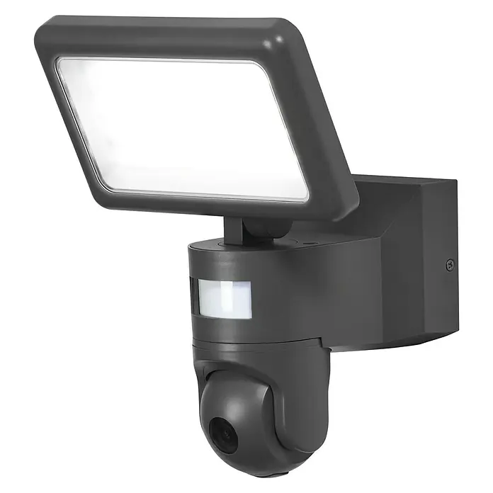 Osram LED-Außenwandleuchte23 W, 20 x 19,7 x 26,2 cm, Dunkelgrau, IP44 - Eine Nahaufnahme einer schwarzen Überwachungskamera mit Bewegungsmelder und Flutlicht für den Außenbereich.