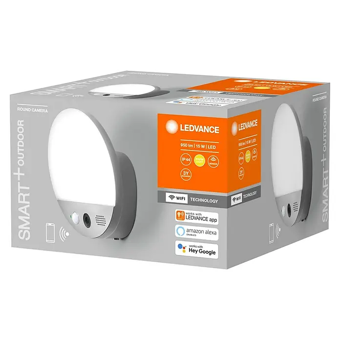 Osram LED-Außenwandleuchte105 x 180 x 105 mm, Kamera, Silber - Das LEDVANCE Smart+ Outdoor-Paket mit runder Kamera bietet intelligente Beleuchtung und Überwachung für den Außenbereich.