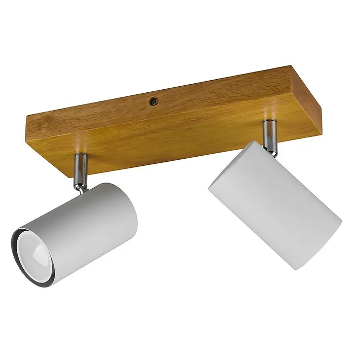 Trio Leuchten Marley Deckenstrahler - 35 W, L x B x H: 9 x 26 x 16 cm, GU10, 2 Stk. - Moderne Deckenleuchte mit zwei weißen Strahlern und einem Holzsockel für eine stilvolle Beleuchtung im Raum.