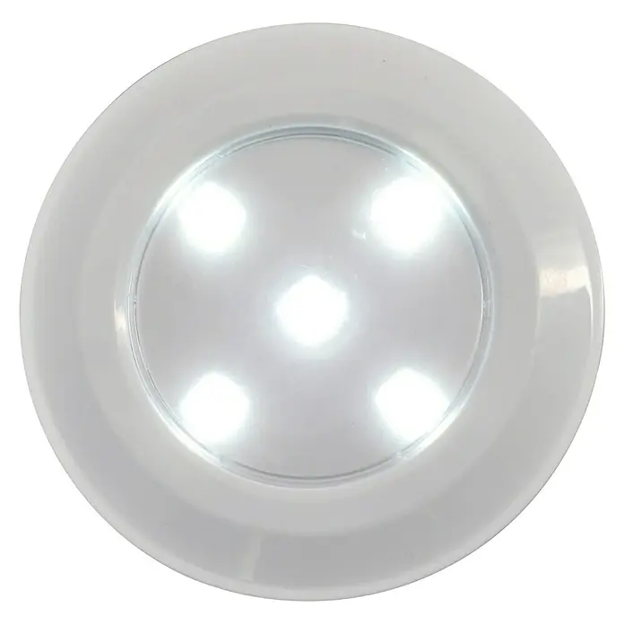 Voltomat Luz a pilas Smart-Push-Light - Blanco, 3 ud. - Primer plano de una luz LED redonda blanca que emite una iluminación brillante y uniforme.
