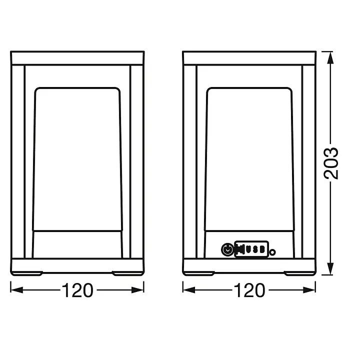 Ledvance Smart+ WiFi Außenlaterne - L x B x H: 12 x 12 x 20,3 cm, Grau, IP44 - Eine technische Zeichnung eines kleinen Tischs oder Schranks mit den Maßen 120 x 203 mm. Detaillierte Darstellung für Produktdesign.