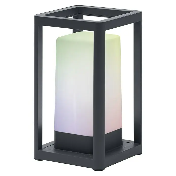 Ledvance Smart+ WiFi Außenlaterne - L x B x H: 12 x 12 x 20,3 cm, Grau, IP44 - Nahaufnahme einer modernen LED-Laterne mit farbwechselndem Licht in einem schlichten, dunklen Rahmen.
