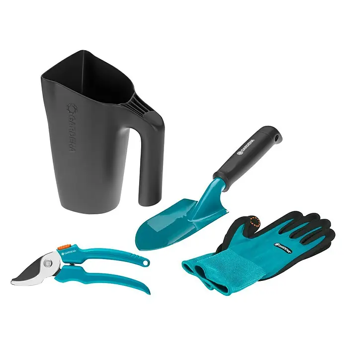 Gardena Gartengeräte - 4 -tlg. - Gartengeräte-Set von Gardena bestehend aus Pflanzschaufel, Gießhilfe, Gartenschere und Gartenhandschuhen für Hobbygärtner.