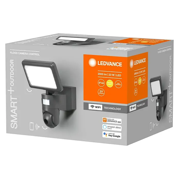 Osram LED-Außenwandleuchte23 W, 20 x 19,7 x 26,2 cm, Dunkelgrau, IP44 - Produktverpackung für LEDVANCE Smart+ Outdoor Flutlicht mit Kamera. Das Licht bietet 2000 lm, 23 W LED, IP44, warmes Licht und einfache Montage.