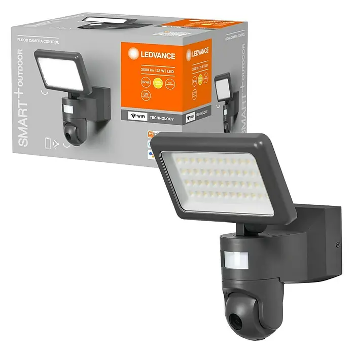 Osram LED-Außenwandleuchte23 W, 20 x 19,7 x 26,2 cm, Dunkelgrau, IP44 - Das LEDVANCE Smart+ Outdoor Flutlicht mit Kamera bietet intelligente Außenbeleuchtung und Überwachung in einem Gerät.