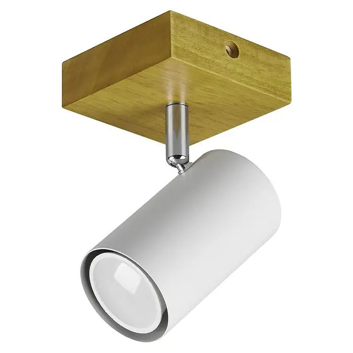 Trio Leuchten Marley Deckenstrahler - 15 W, L x B x H: 12 x 9 x 16 cm, Weiß/Holz, GU10, 1 Stk. - Diese Aufnahme zeigt eine elegante, nach unten gerichtete LED-Spotleuchte mit einem warmen Holzsockel und einem schlanken, weißen Lampenkörper.