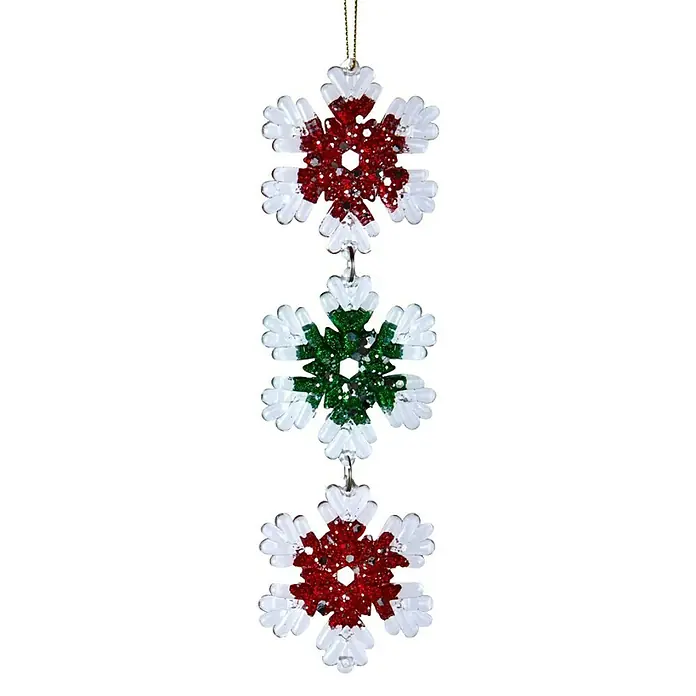 Kurt S. Adler Christbaumschmuck Schneeflocke 2 - Rot, Grün, Kunststoff, Schneeflocke rund - Weihnachtsdeko: Drei glitzernde Schneeflockenornamente in Rot, Grün und Weiß, die festlich an einem goldenen Band hängen.