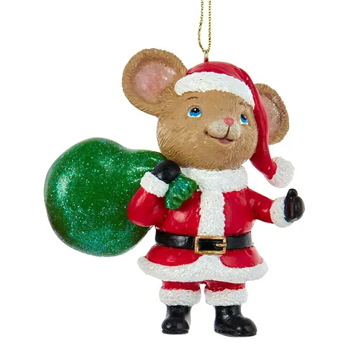 Kurt S. Adler Christbaumschmuck Maus Santa - Rot, Kunststoff, L x B x H: 7,62 x 3,81 x 8,26 cm - Festlicher Weihnachtsschmuck: Eine bezaubernde Maus im Santa-Kostüm mit glitzerndem Geschenkesack für eine fröhliche Dekoration.
