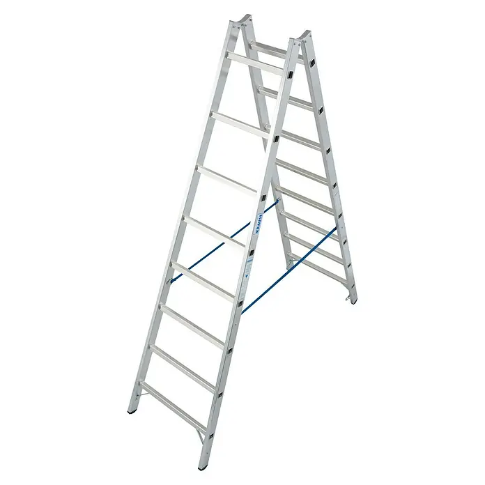 Krause Stabilo Doppelleiter - Anzahl Tritte: 16 Stk., Arbeitshöhe: 3,55 m, Aluminium - Silberne Klappleiter mit blauen Verstrebungen. Ideal für Arbeiten in der Höhe, robust und stabil für den täglichen Gebrauch.