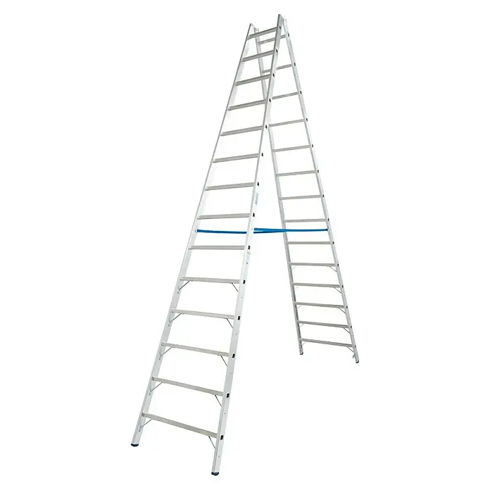Krause Stabilo Doppelleiter - Anzahl Tritte: 28 Stk., Arbeitshöhe: 5,1 m, Aluminium - Eine silberne Sprossenleiter in A-Form mit blauer Querstange, ideal für den vielseitigen Einsatz im Innen- und Außenbereich.