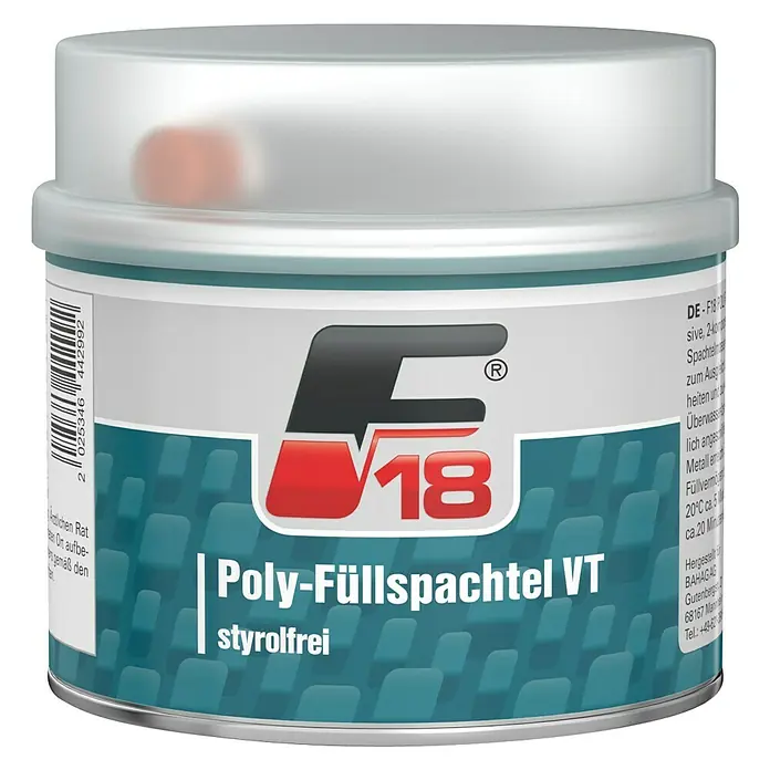 F18 Poly-Füllspachtel - 1 kg - Dose Poly-Füllspachtel VT, styrolfrei, ideal zum Ausbessern von Oberflächen. Für Metall geeignet, schnell trocknend.